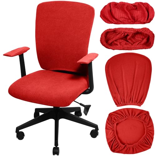 Tallew 4 Pcs Office Chair Covers Set Computer Universal Protective Stretchable Chair Seat Covers Desk Armrest Slipcovers Pads Office Cushion Backrest for Rotating (XL,Red) - color: Red