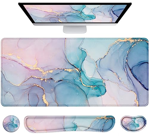 Lateefah Desk Mat, Extended Mouse Pad with Wrist Rest, 4-in-1 Large Mouse Pads for Desk, Keyboard Pad and Keyboard Wrist Rest Gaming Keyboard Mat for Office, Home - color: Green Marble-35.4''x15.7''