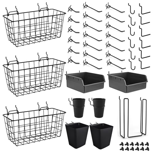 Pegboard Basket Organizers, Peg Board Large Baskets Hooks Bins Cups Tool Organizer 42 Pack Set, Wall Storage Display Hanging Accessories for Craft Office Stadio Shed Garage Organization (Black) - color: Black