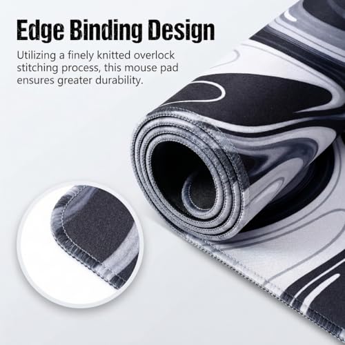 Large Black Grey Liquid Mouse Pad, Extended XL Gaming Desk Pad with Non-Slip Rubber Base, Stitched Edges, Waterproof Surface for Keyboard and Computer 35.4x15.7 inch