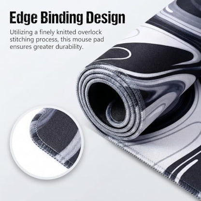 Large Black Grey Liquid Mouse Pad, Extended XL Gaming Desk Pad with Non-Slip Rubber Base, Stitched Edges, Waterproof Surface for Keyboard and Computer 35.4x15.7 inch