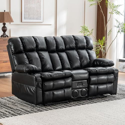 Loveseat Recliner Sofa with Massage & Heat, Reclining Loveseat with Console with Drop Down Table, Bluetooth Speaker, USB/Outlet/Storage/Cup Holder/Side Pocket, Home Theater Seating, Black - color: Black, size: Loveseat with Console