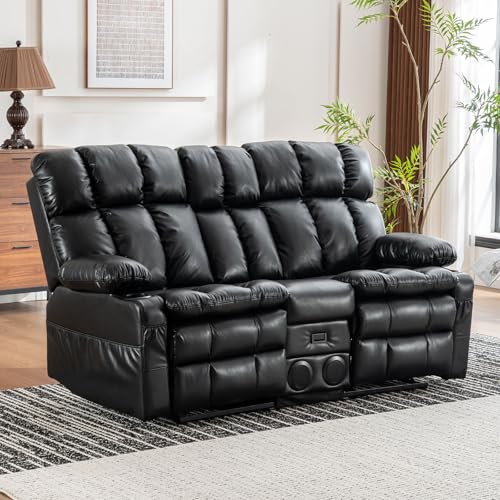 Loveseat Recliner Sofa with Massage & Heat, Reclining Loveseat with Console with Drop Down Table, Bluetooth Speaker, USB/Outlet/Storage/Cup Holder/Side Pocket, Home Theater Seating, Black - color: Black, size: Loveseat with Console