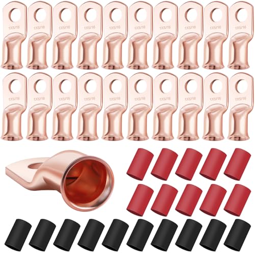 XHF 20PCS 1AWG-5/16 Heavy Duty Battery Lugs with 3:1 Heat Shrink Tubing, Ring Terminals Battery Cable Ends Copper Eyelets Electrical Battery Connectors - size: 1AWG-5/16"-20PCS