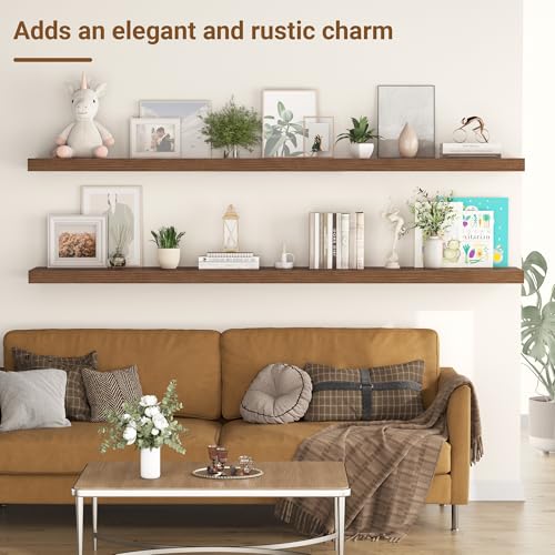 55 Inch Floating Shelves, 12 Inch Deep Floating Shelves for Wall, Extra Deeper & Thicker Wooden Wall Shelf with Invisible Brackets, Shelf for Bedroom Living Room Home Decor（Walnut, Set of 2） - color: Walnut, size: 55"W x 12"D x 2"H, Set of 2