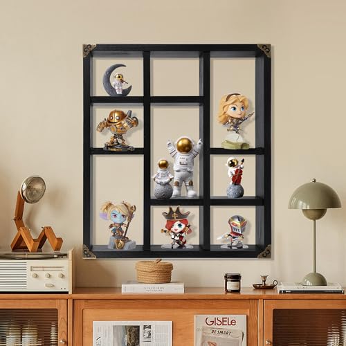 17.7x15.7-Inch Shadow Box Shelf 9-Slot Rustic Floating Shelves Larger Wall Mounted Shelf Lightweight Solid Wood Display Freestanding Farmhouse Shelf (Set of 2,9C-Classic Black) - color: 9c-classic Black, size: 2 PCS