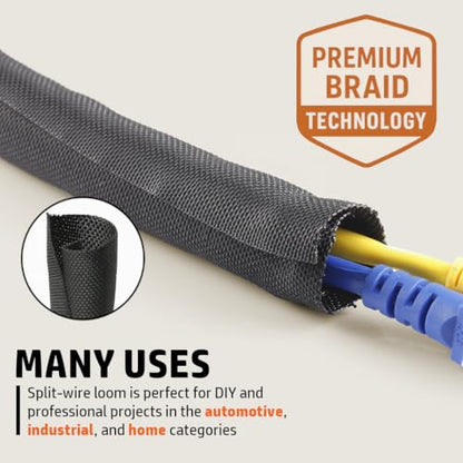 MGI SpeedWare Woven Mesh Split-Sleeve Wire Loom for High-Temperature Automotive Harness and Home Cable Management - 25 feet (1/2") - size: 1/2"