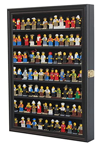 Minifigure Display Case - Building Block Toy Wall Cabinet Showcase for Small Miniature Collectibles Mini Brands Thimbles, Lockable UV Protection Door (Black Finish Frame) - size: Large - Black