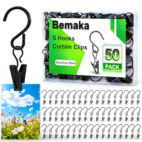50 Pack S Hooks Curtain Hanging Clips, Stainless Steel Curtain Hooks 2.4 Inch Metal Clips Hook for Hanging Photo Christmas Party Lights Courtyard Decoration Art Craft