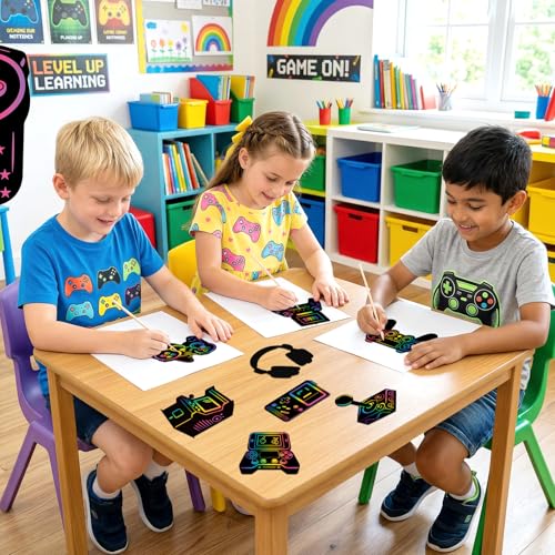 LUUFILx 80 Pcs Video Game Scratch Cards Video Game Birthday Party Decorations Colorful Rainbow Scratch Paper Art with Wooden Stylus for Birthday Party Classroom DIY Activities - style: Video Game