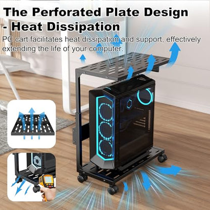 Aquzee PC Stand, Adjustable Computer Tower Stand on Wheels, Heavy Duty Metal Computer Case Cart with Power Strip, Under Desk Rolling PC Holder for Floor Carpet, Gaming Home Office Bedroom, Black