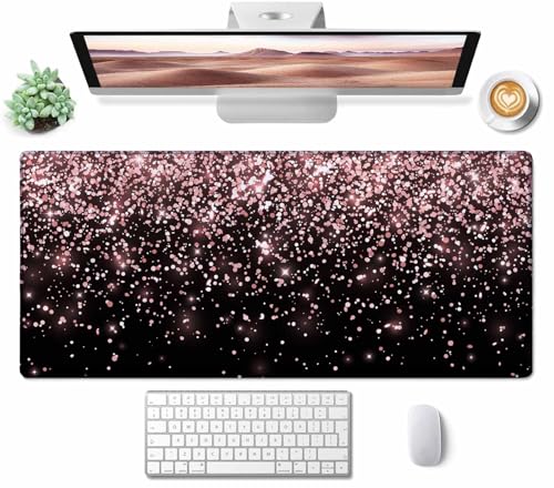 Gaming Mouse Pad, Large Non-Slip Rubber Base Mousepad, Keyboard Mouse Mat, Desk Pad with Stitched Edges, 35.4x15.7inch, Rose Gold Falling Particles Patterm - color: Rose Gold Falling Particles Patterm, size: 35.4L x 15.7W inches