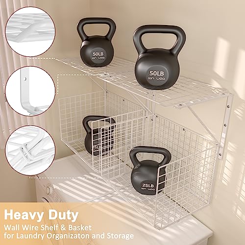 2 Pack Laundry Room Shelves Wall Mounted with Wire Baskets, Over the Washer and Dryer Shelf with Clothes Drying Rack, 8 Hooks，Wire Shelves Baskets for Laundry Closet Organization and Storage, White - color: White