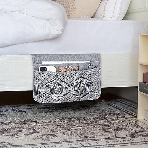 Mkono Macrame Bedside Caddy Storage Organizer Boho Remote Control Tablet Magazine Holder with 4 Pockets Non-slip Countertop Bedside Caddy for Home Bedroom Living Room College Dorm Bed, Grey - color: Grey, size: Medium