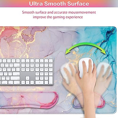 Mouse Pad Pink, Mouse Pad with Wrist Rest, 4-in-1 XXL Extended Large Desk Mat +Mousepad with Gel Wrist Support+Keyboard Wrist Rest+Coaster,Ergonomic Desk Pad for Study Gaming Home Office Computer - color: Pink Blue Marble