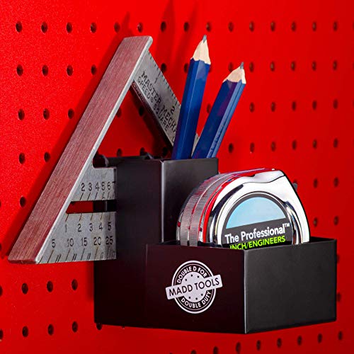 Tape Measure Holder for Pegboard - Includes Pencil Box and Carpenter Square Triangle Holder – Black Pegboard Organizer Accessories with Heavy Duty Peg Board Hooks - 16 Gauge Steel