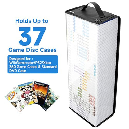 Game Disc Storage Bag Compatible with Wii PS2 Xbox 360 Games | Portable Carrying Case Holds 37 Discs Boxes, Clear TPU Organizer Bag, Compatible with Wii U Gamecube Standard DVD Case, Black