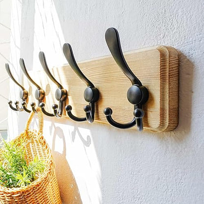 Dseap Coat Rack Wall Mount - Heavy-Duty Robust Rustic Wooden Wall Coat Hanger Hook Rail with 5 Triple Hooks for Winter Jacket & Hat Clothing, Light Brown & Black - color: Light Brown & Black, size: L=17.4"