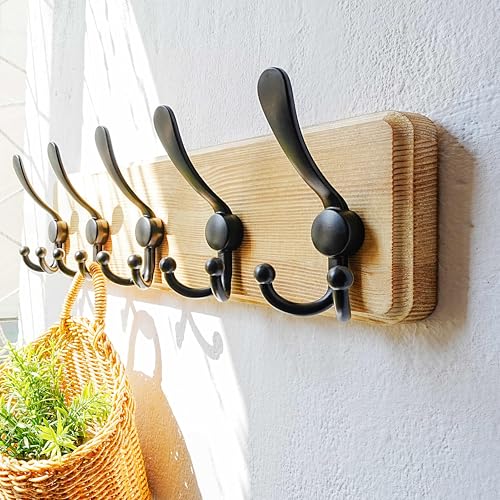 Dseap Coat Rack Wall Mount - Heavy-Duty Robust Rustic Wooden Wall Coat Hanger Hook Rail with 5 Triple Hooks for Winter Jacket & Hat Clothing, Light Brown & Black - color: Light Brown & Black, size: L=17.4"