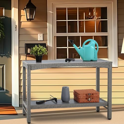 Outdoor Console Table Patio Buffet Bar Storage Organizer 45" Long Wicker Sofa Serving Sideboard Table 2-Shelf Outdoor Narrow Bar Table Tall Rectangle with Adjustable Feet for Entryway Grey - color: Grey