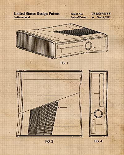Classic Video Game Console Patent Prints, 4 (8x10) Unframed Photos, Wall Art Decor for Home Work Office Xbox Studio Tech Lounge Robotics Gears Online Battle Royales Gaming Shop School Student Teacher