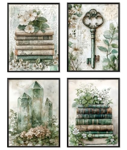 Locomiss Vintage Wall Art Decor, Sage Green Dark Floral Room Decor for Teen Girls Room, Reading Nook Library Classroom Booklish Gifts Posters 4 Pcs, Set of 4 (12x16 Unframed) - color: sage green, size: 12x16 Inches
