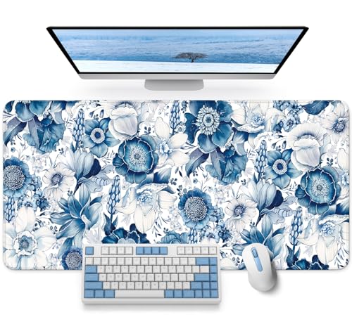 Large Mouse Pad for Desktop, Cute Desk Mat Pad Protector for Work & Gaming, Aesthetic Pretty Anti-Slip Laptop Blotter Cover for Office School Home Supplies, Blue Floral, 31.5" x 11.8" - color: G-Blue Floral, size: 31.5L x 11.8W inches