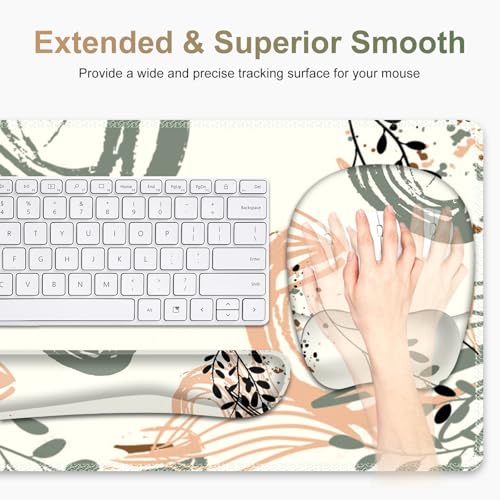 Large Mouse Pad with Wrist Support 4 in1 Set, XXL Big Game Mousepad + Keyboard Wrist Rest+Mouse Wrist Rest+Coaster Ergonomic Gaming Mat for Home Office Table Computer I Modern Boho Leaves - color: Modern Boho Leaves
