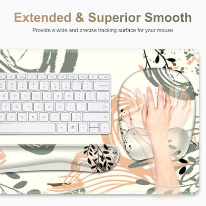 Large Mouse Pad with Wrist Support 4 in1 Set, XXL Big Game Mousepad + Keyboard Wrist Rest+Mouse Wrist Rest+Coaster Ergonomic Gaming Mat for Home Office Table Computer I Modern Boho Leaves - color: Modern Boho Leaves