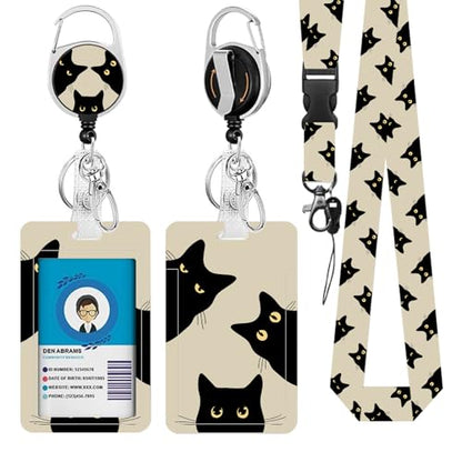 Black Cat Lanyards ID Badge, Cute Funny Cats ID Badge Holder with Retractable Reel Clip and Keychain, Vertical Heavy Duty Identity Badge Cover Case Protector for Teacher Nurse Women man - color: Blackcat-khaki