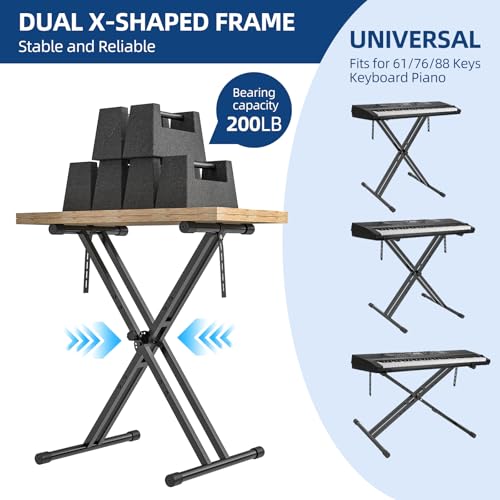 GLEAM Keyboard Stand and Bench Set, Double X Style Digital Piano Stand Height from 19" to 38", Heavy Density Foam Padded Stool from 14" to 18" Black