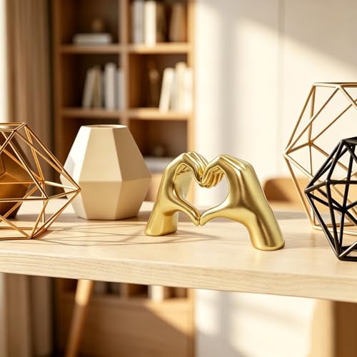 Gold Hand Heart Sculpture Home Decor for Living Room Bedroom Office Medium | Resin Heart Gesture Statue Gifts Merch for Women Girls Wedding Birthday Love Finger Statue for Shelf Bookshelf Coffee Table - size: Medium