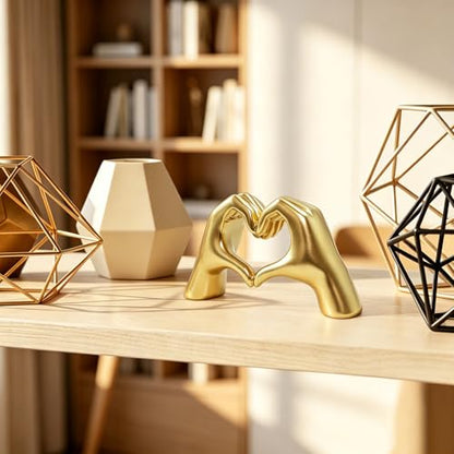 Gold Hand Heart Sculpture Home Decor for Living Room Bedroom Office Medium | Resin Heart Gesture Statue Gifts Merch for Women Girls Wedding Birthday Love Finger Statue for Shelf Bookshelf Coffee Table - size: Medium