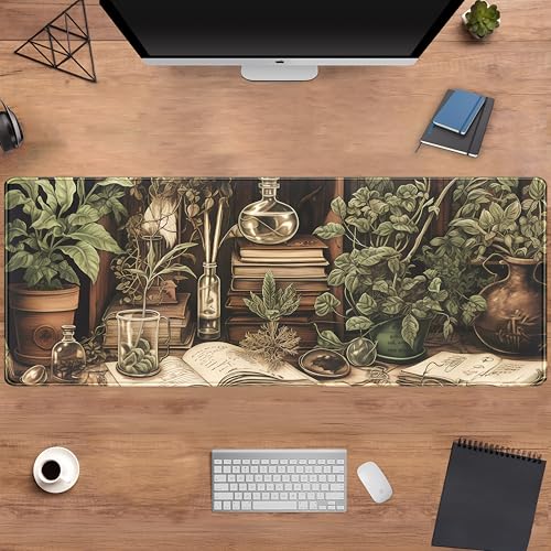 Retro Olive Green Plant XL Large Extended Gaming Mouse Pad Cool Plants Lovers Desk Mat with Stitched Edges, Non-Slip Rubber Base Mousepad, Laptop Computer Keyboard and Mouse Mat 31.5x11.8 in - color: Olive Green Plant, size: 31.5" x 11.8"