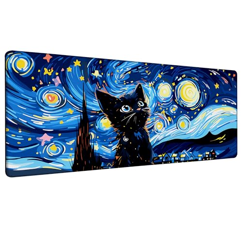 Starry Night Cat Gaming Mouse Pad Large Desk Mat Extended Keyboard Anime Mousepad with Non-Slip Base and Stitched Edge for Desk Home Office Gaming,31.5 x 11.8 Inch - color: Starry Night Cat, size: 11.8*31.5inch