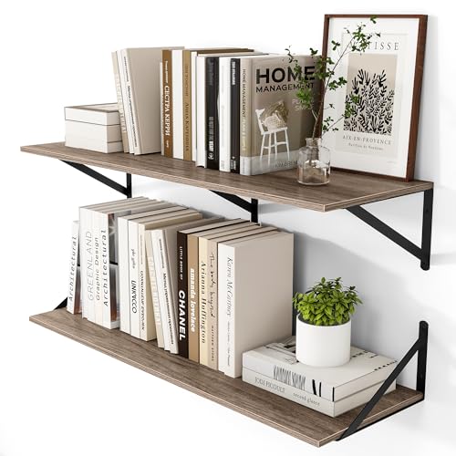 Heimlove Deep Floating Shelves for Wall, 36W x 12D Rustic Grey Wood Wall Shelves Set of 2, Large Floating Shelf for Living Room, Kitchen, Office, Bedroom and Decor Storage, with Metal Bracket - Grey - color: Grey With Black Metal Bracket, size: 36wx12dx5.