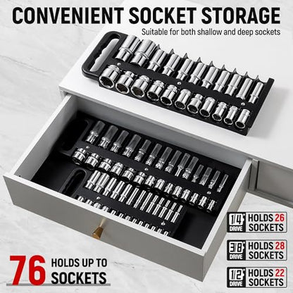 Reniteco Magnetic Socket Organizer Set, 3 Pcs Blue Portable Heavy Duty Socket Rail Set: 1/4-Inch x 22 Pallets, 3/8-Inch x 28 Pallets, 1/2-Inch x 26 Pallets, Hold 76 Sockets - Fit Shallow&Deep Sockets - color: Black