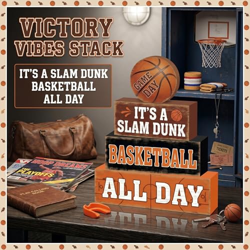 4 Pcs Sporty Basketball Tiered Tray Decor Rustic Basketball Wooden Signs Game Day Shelf Sitters Vintage Sports Theme Table Centerpiece For Boys Room Party Decorations - style: Basketball