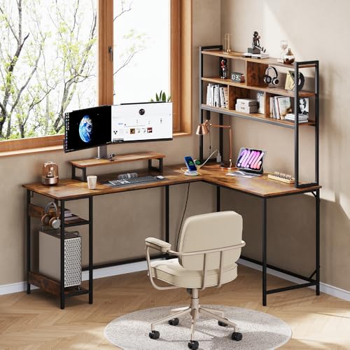 DEVAISE 66 Inch L Shaped Gaming Desk with Drawers and Storage, Corner Desk with LED Lights, Power Outlets, Computer Desk with Monitor Stand, Office Desk for Home, Rustic Brown - color: Rustic Brown, size: 66 Inch