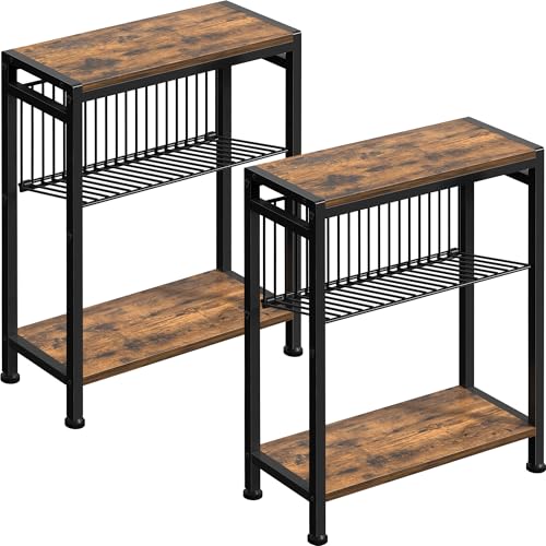 Small Side Table Set of 2 for Small Space, 3-Tier Narrow End Table with Magazine Holder, Slim Nightstand, Skinny Snack Couch Table in Living Room, Bedroom and Balcony (Rustic Brown &Black) - color: Rustic Brown-2pcs