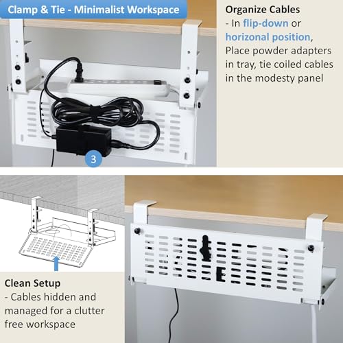 AEONS Universal Under Desk Cable Management Tray-Clamp Mount Hinged Swing Modesty Panel Organizer for Office Desks Easy Access Flip-Down position Power Strip Cord Storage No-Drill 25 lb Capacity White - style: 16" Swing, White