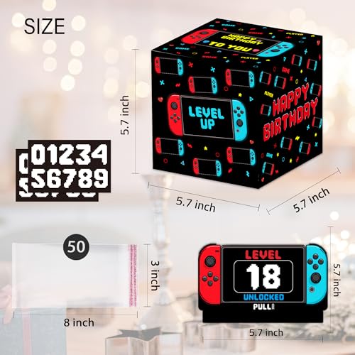 Video Game Birthday Money Pull Box with DIY Stickers for Any Ages, Happy Birthday Boxes Gifts for Money Pull Out Card, 50Pcs Transparent Bags - color: Red