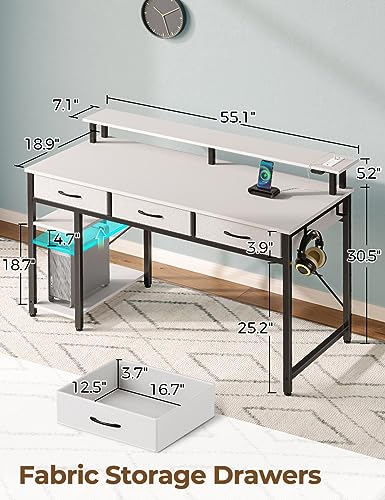Rolanstar Computer Desk with Power Outlets & LED Light, 55 inch Home Office Desk with Drawers and Storage Shelves, Writing Desk with Monitor Stand, Modern Work Study Desk for Home Office, White - size: 55 inch