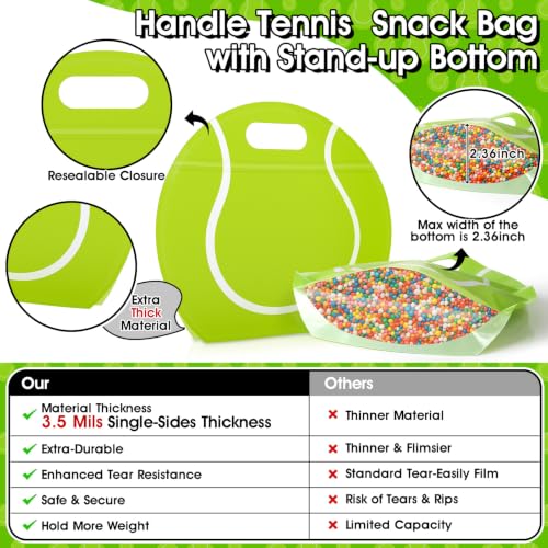 AKAIXI 24pcs 3.5Mil Thickened Tennis Gift Bags Reusable Sealed Snack Bags | with Handle Stand-up Tennis Goodie Bags for Tennis Themed Party Favors Birthday Supplies Lovers Players Coaches Gifts - color: Tennis