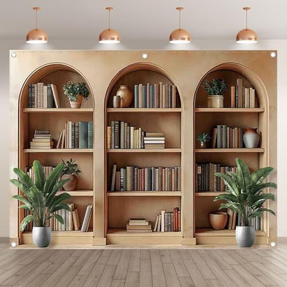 8x6ft Fabric Arched Bookshelf Backdrop School Library Books Modern Office Plants Video Conference Photography Background Indoor Decorations Photo Banner Props - size: 8'x6'