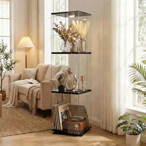 Glass Display Cabinet with Rotating Base, Curio Cabinet with LED Light, 3-Shelf Tempered Glass Display Case for Collectibles, Curio Display Cabinet for Living Room,Home Decor, Black - color: Black, size: 1-Door 3-shelf-LED-Rotation
