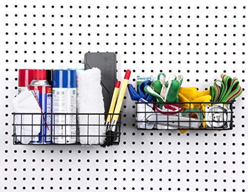 Pegboard Basket Set of 2, Medium + Small Size Basket, Black - Hooks to Any Peg Board - Organize Tools, Workbench, Accessories, Garage Storage - Wall Organizer Attachments - size: c. Sizes S+M Pack