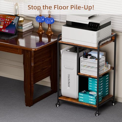 HAAYOT Printer Stand with Storage: 40-inch Tall 3-Tier Printer Table & Cart with Wheels, Left/Right Adjustable Shelf for Home Office, PC Tower & Paper Shredder, Rustic Brown