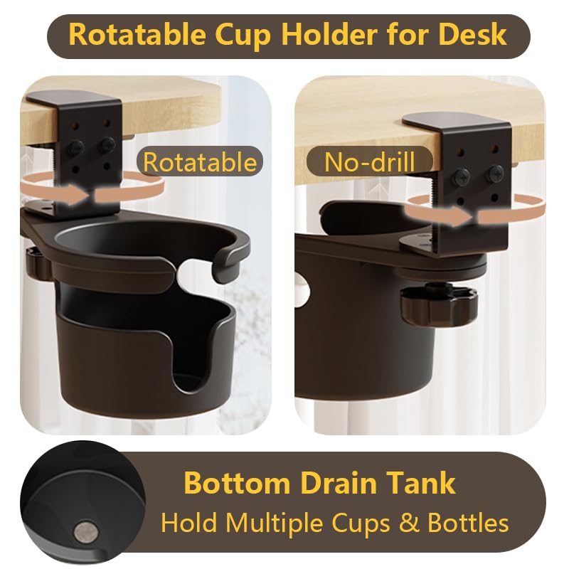 Desk Cup Holder Clip On 360° Rotating Clamp,Deeper Anti-Spill Drink Holders for Water Bottles & Coffee Mugs,Adjustable Clamp Fits Screw On Table for Drinks,Office,Gaming Desk,Home,Black - size: 3.62"L x 3.62"W x 3.5"H