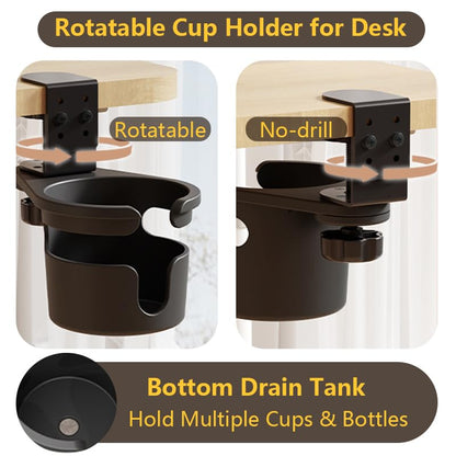 Desk Cup Holder Clip On 360° Rotating Clamp,Deeper Anti-Spill Drink Holders for Water Bottles & Coffee Mugs,Adjustable Clamp Fits Screw On Table for Drinks,Office,Gaming Desk,Home,Black - size: 3.62"L x 3.62"W x 3.5"H